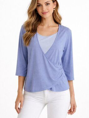 By Design Blue Combo Surplice Tee Top Crossover Mock 2 Piece S 3/4 Sleeve NWT